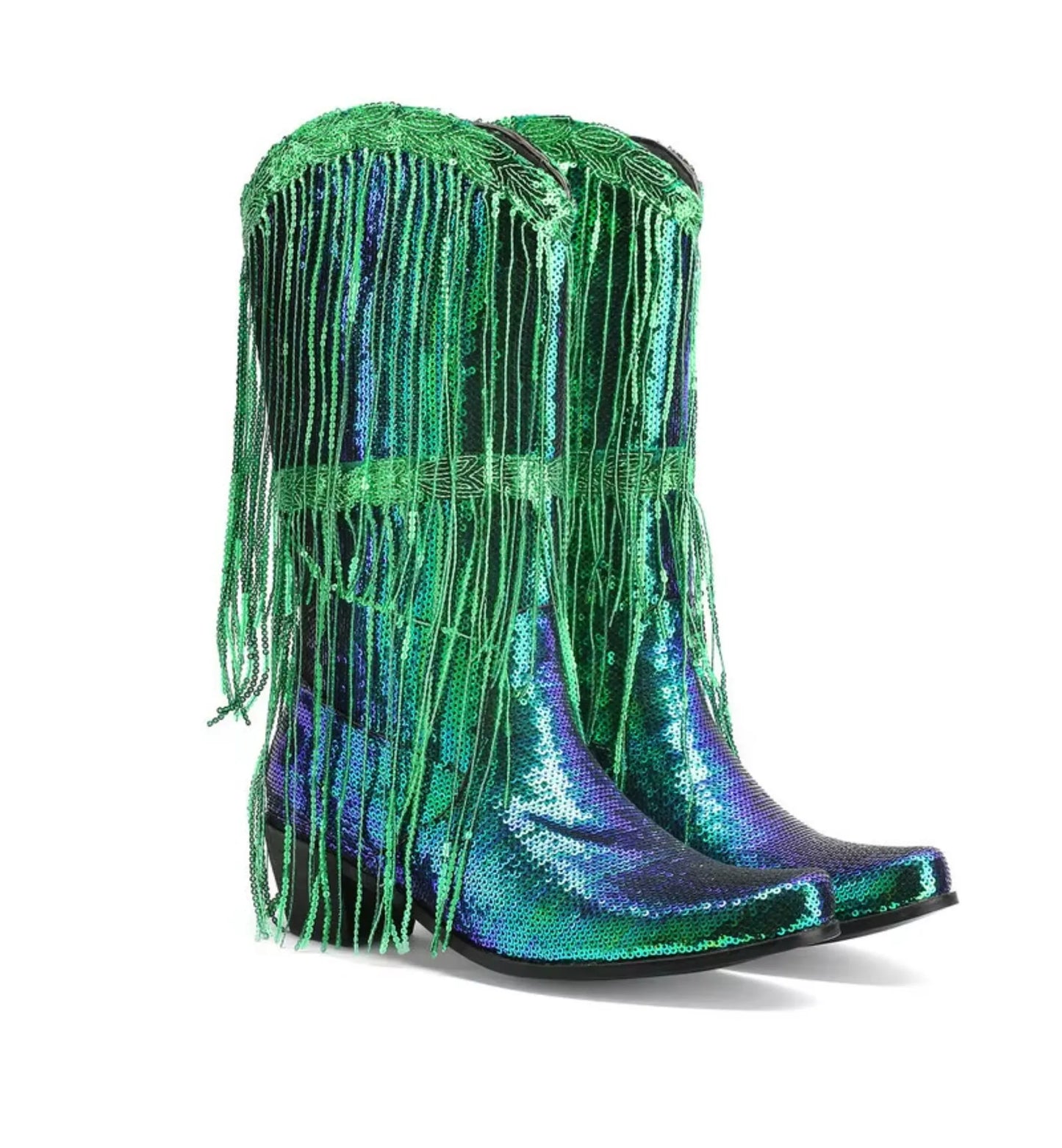 Green and blue sequin cowboy boots with fringes on a white background