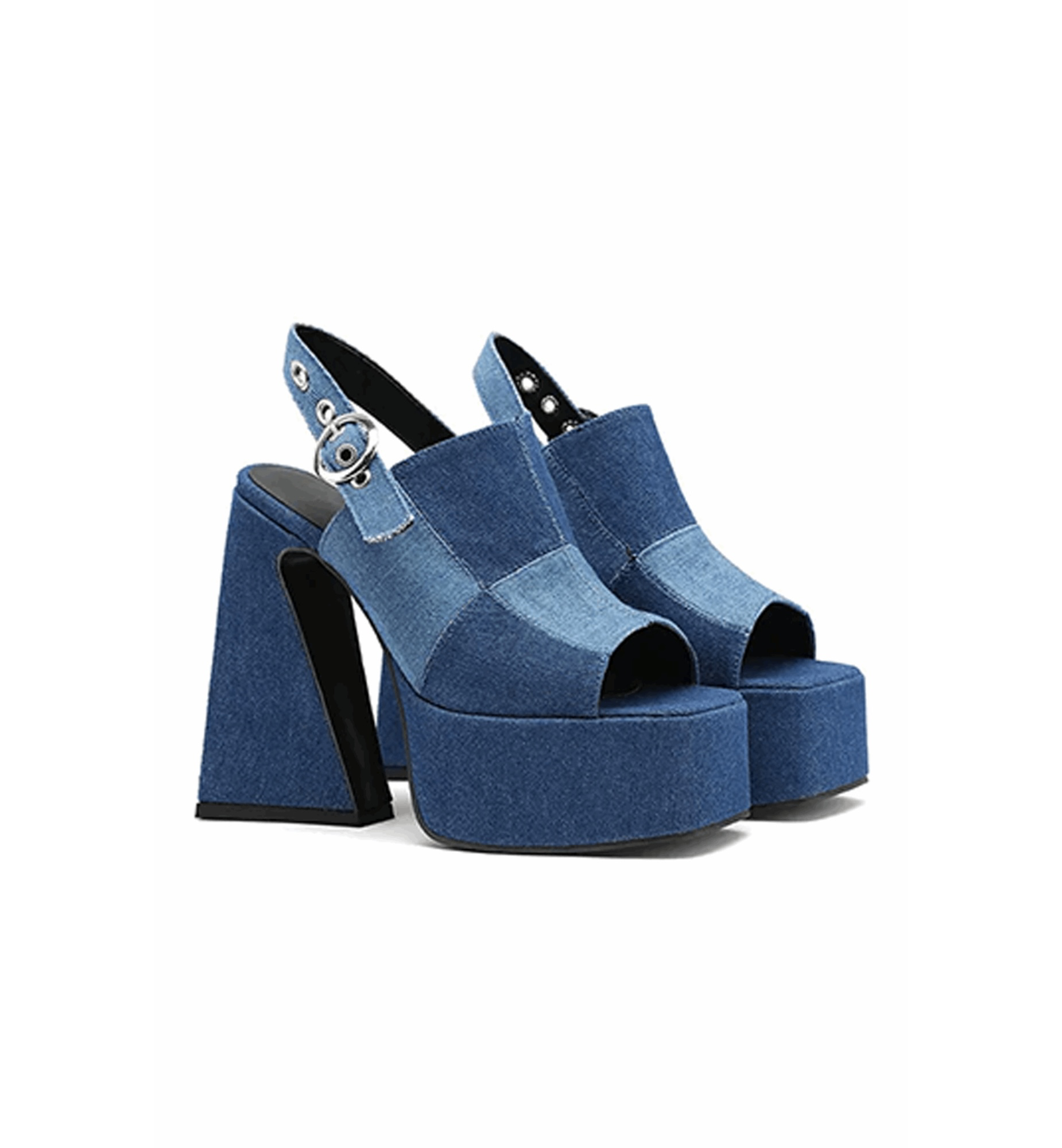 Blue platform sandals on a white background