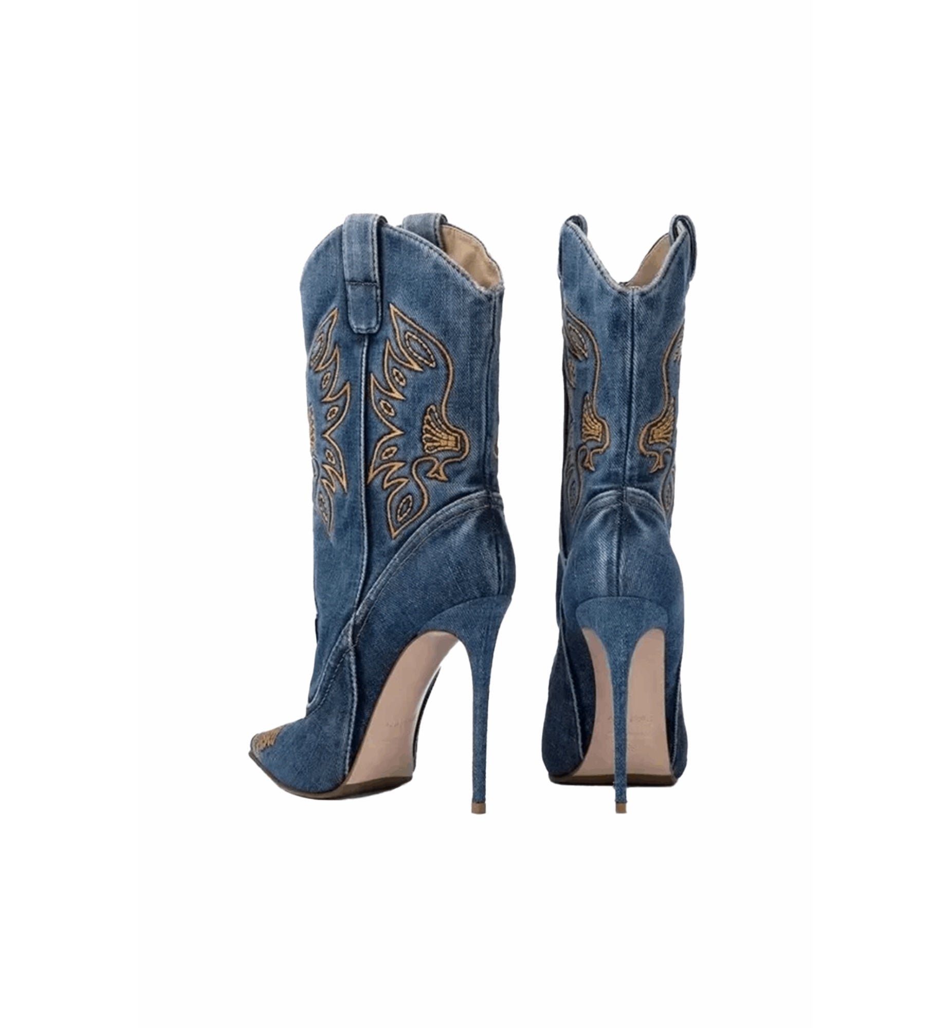 Blue denim high-heeled cowboy boots with intricate designs on a white background