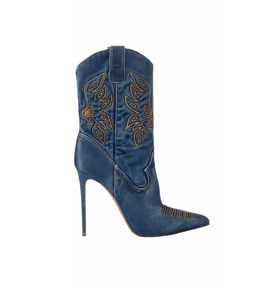 Blue denim boot with gold embroidery on a white background