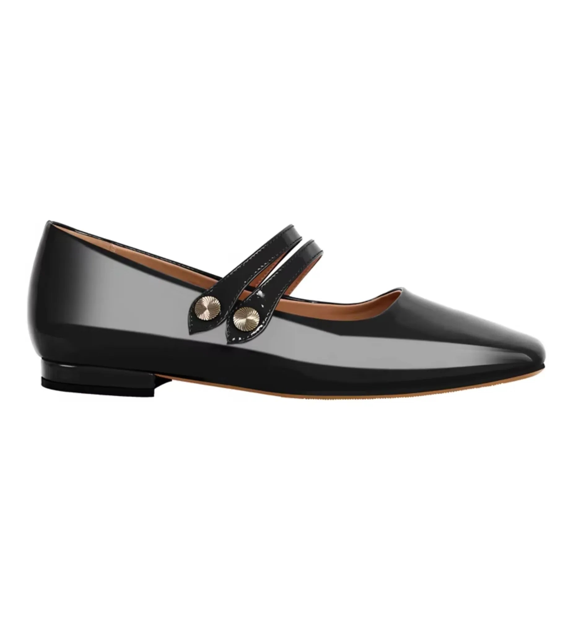 Black patent leather flat shoe with a strap on a white background