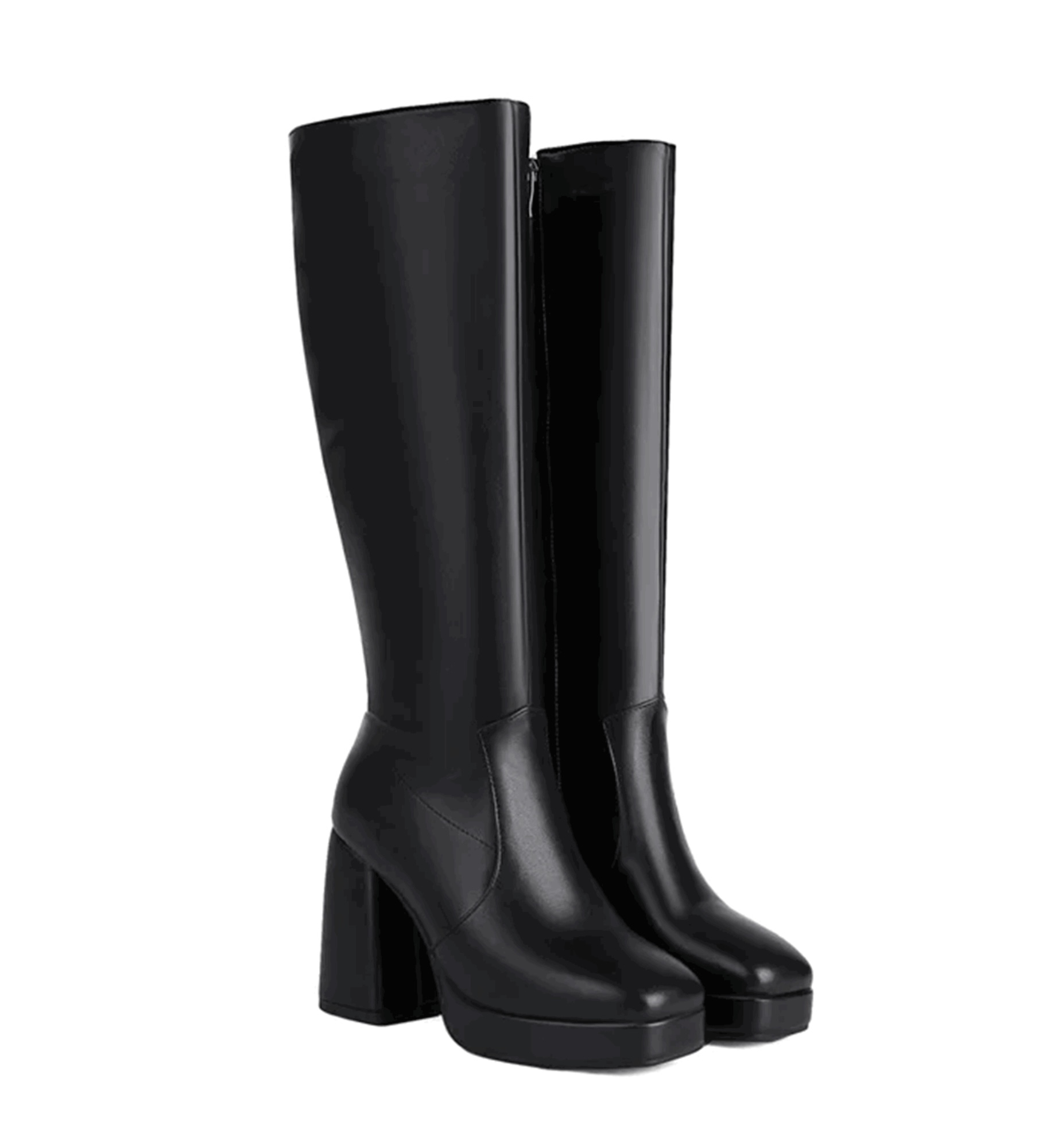 Black knee-high boots on a white background