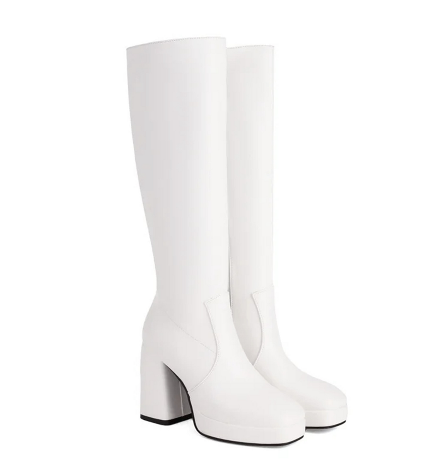 White knee-high boots with block heels on a white background
