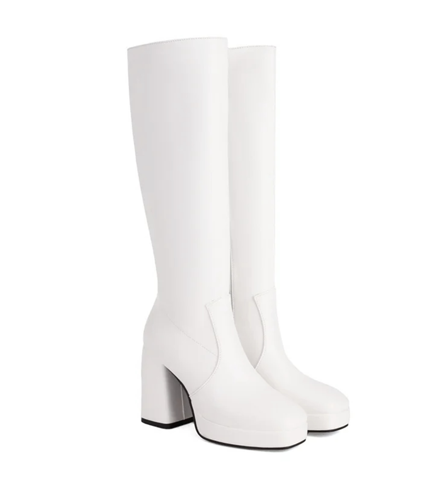 White knee-high boots with block heels on a white background