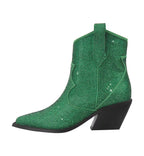 Green cowboy boot with rhinestone details on a white background