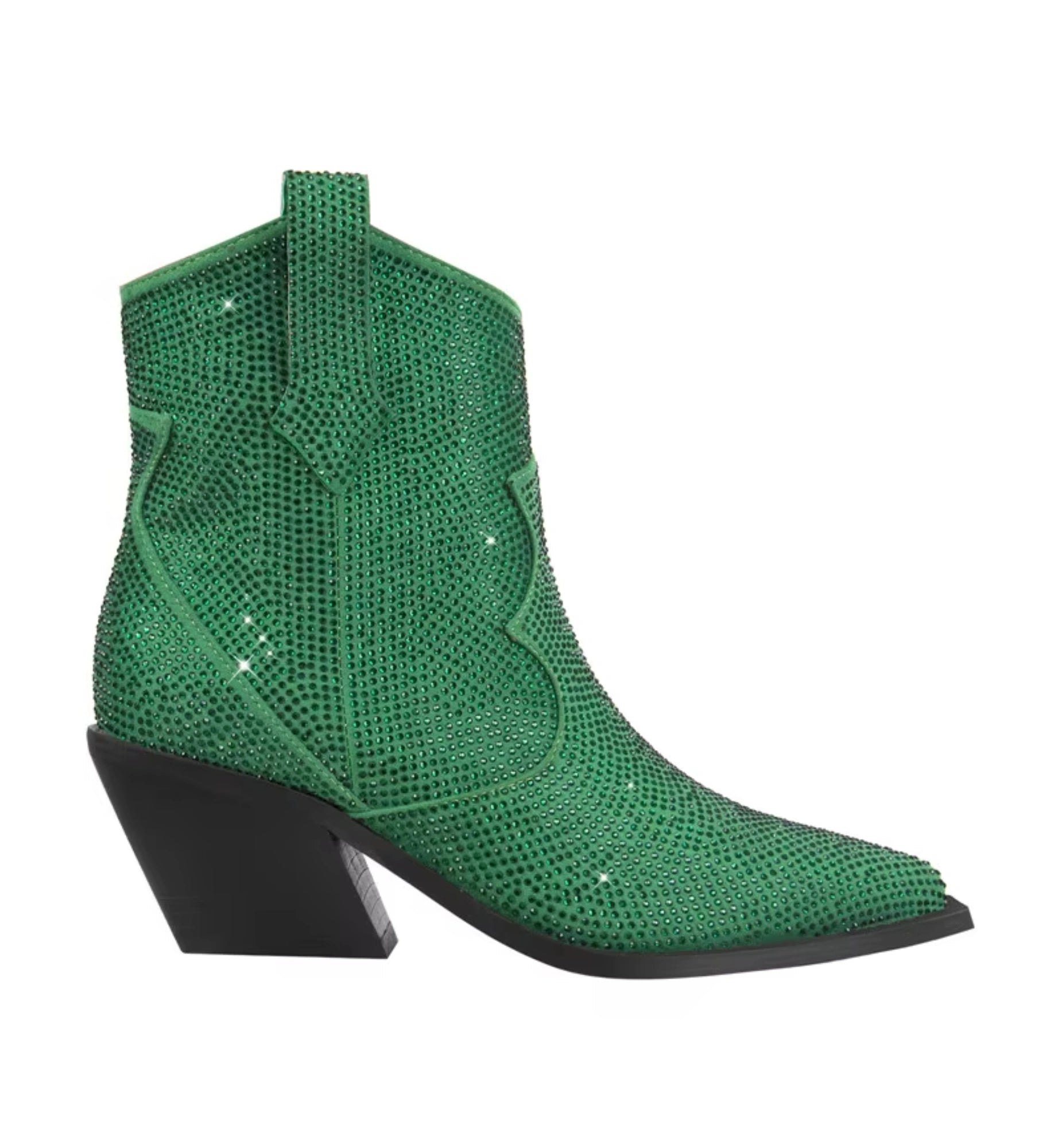 Green cowboy boot with rhinestone details on a white background