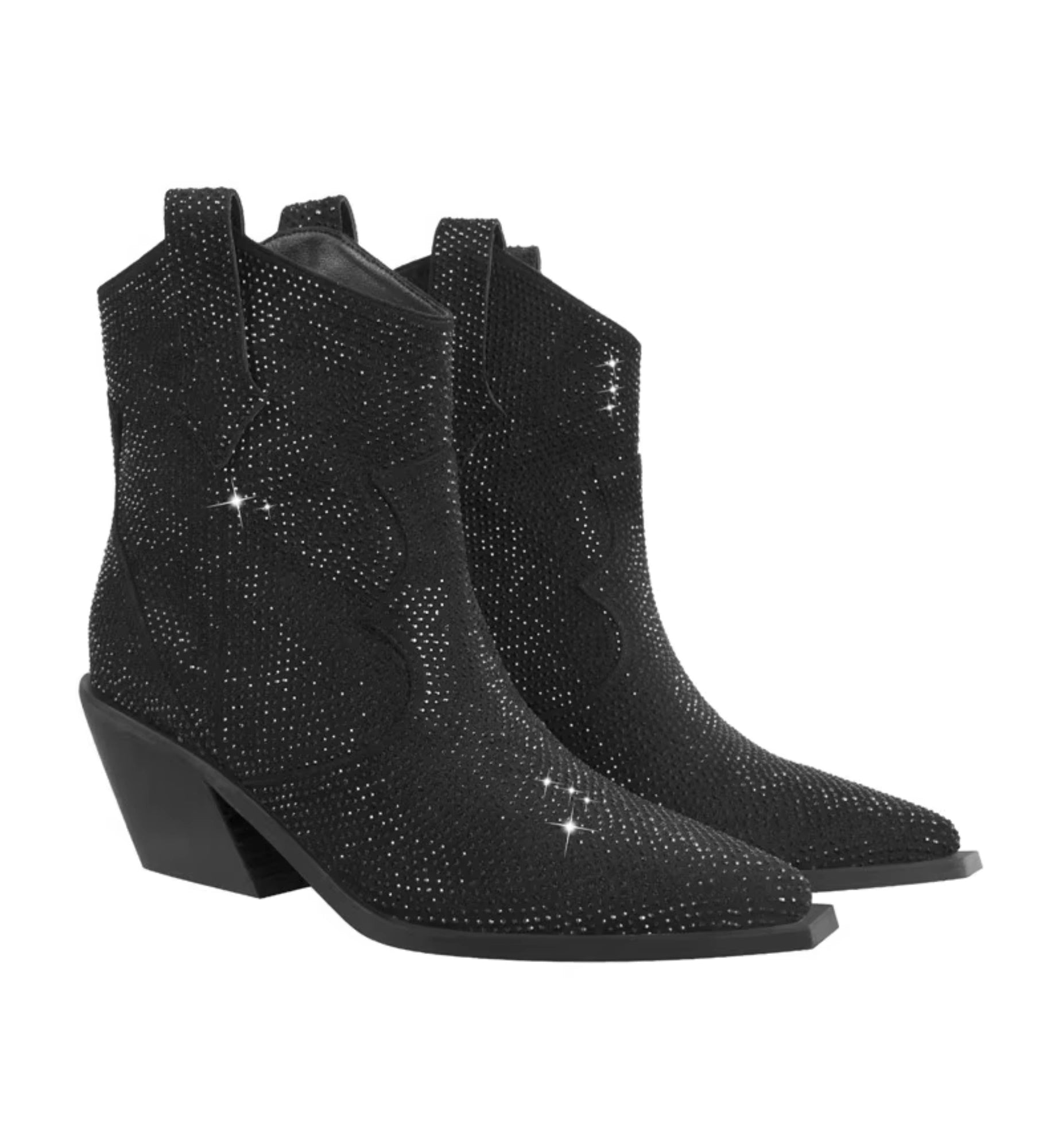 Black cowboy boots with rhinestone embellishments on a white background