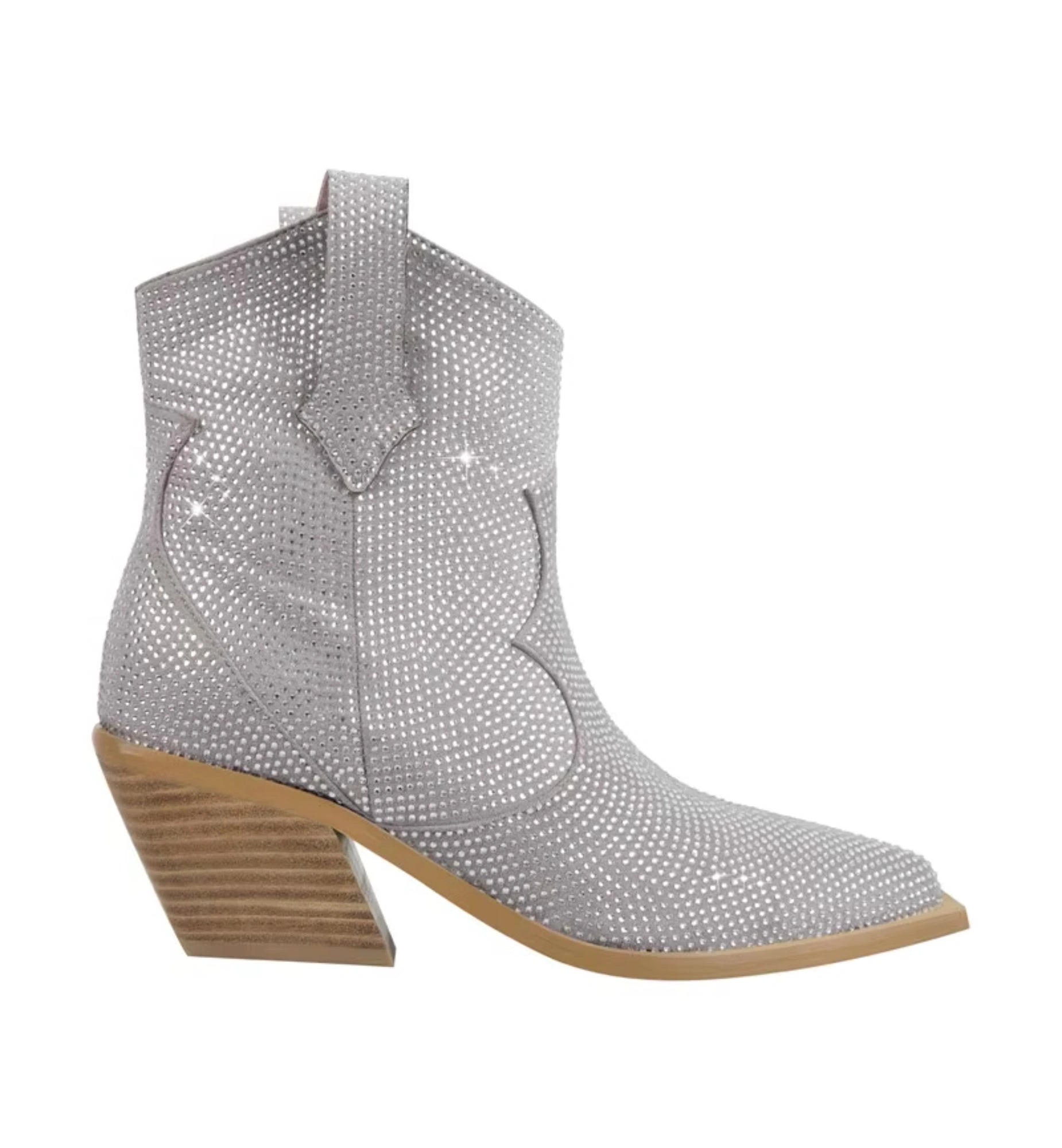 Silver studded ankle boot with a wooden heel on a white background