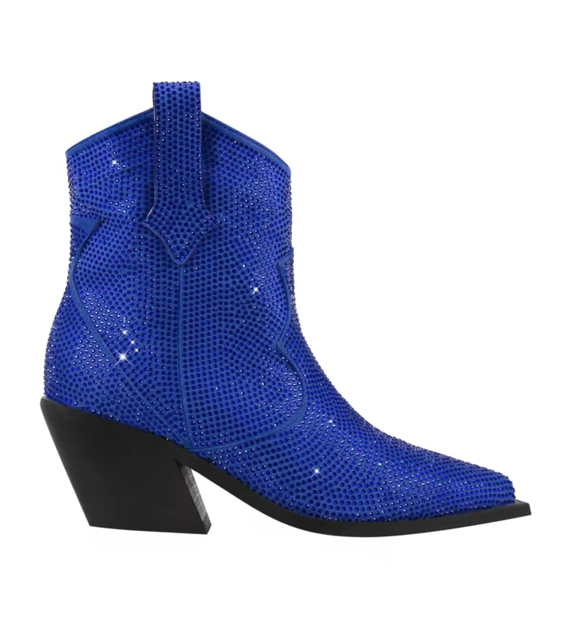 Blue cowboy boot with rhinestone embellishments on a white background