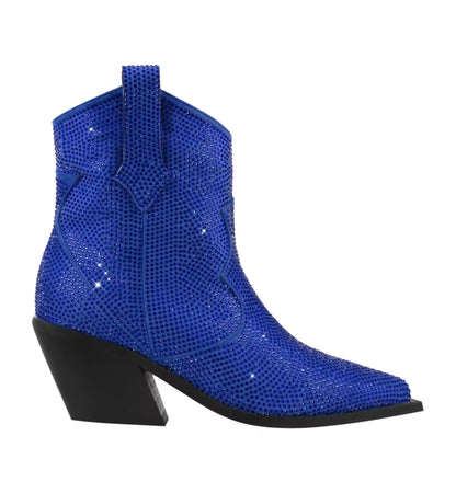 Blue cowboy boot with rhinestone embellishments on a white background