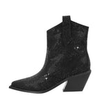 Black cowboy boot with rhinestone embellishments on a white background