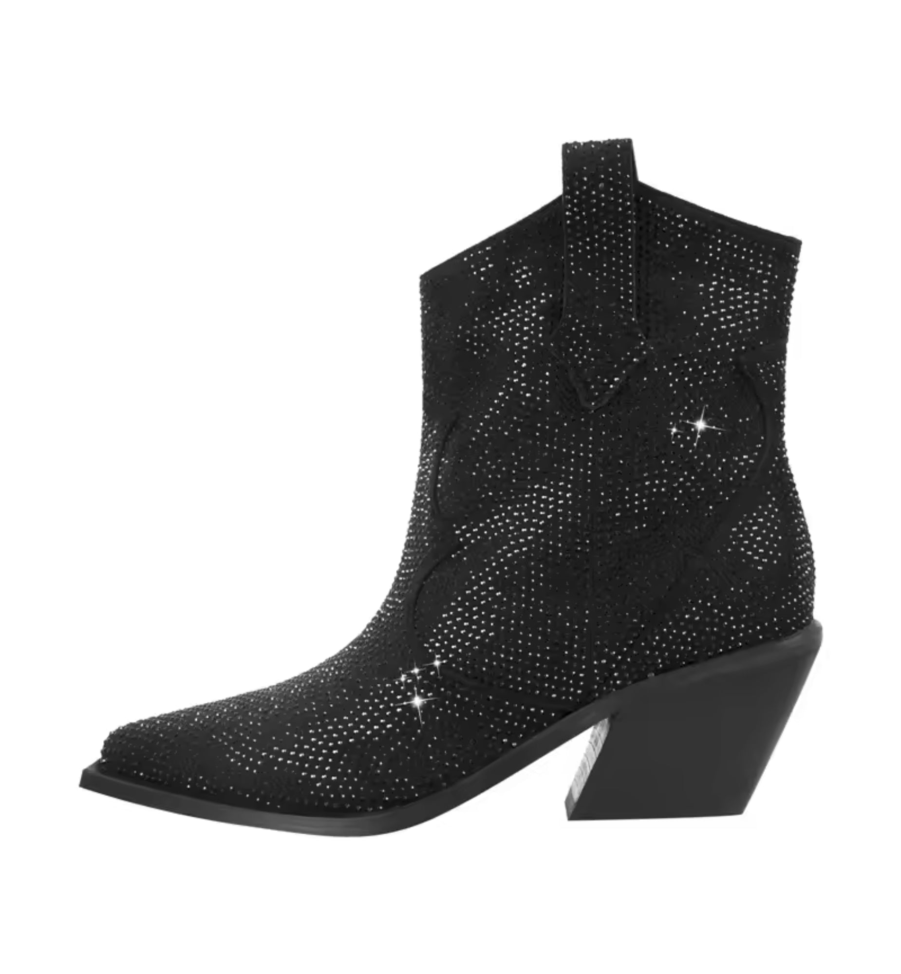 Black cowboy boot with rhinestone embellishments on a white background