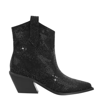 Black cowboy boot with rhinestone embellishments on a white background