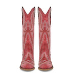 Red cowboy boots with white embroidery and studded details on a white background