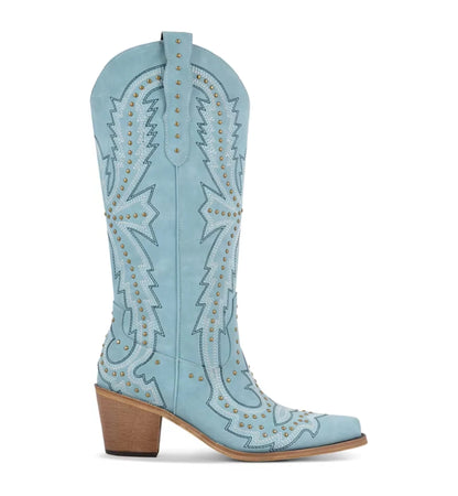 Light blue cowboy boot with studded details on a white background