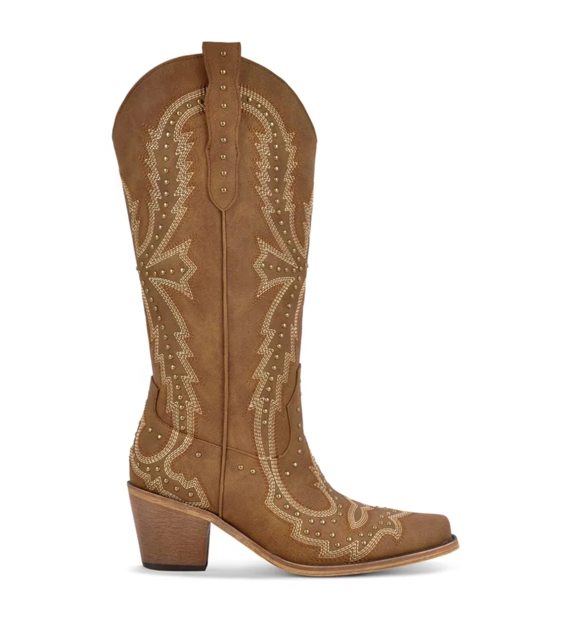 Brown cowboy boot with intricate white embroidery on a white background