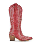Red cowboy boot with white embroidery on a white background