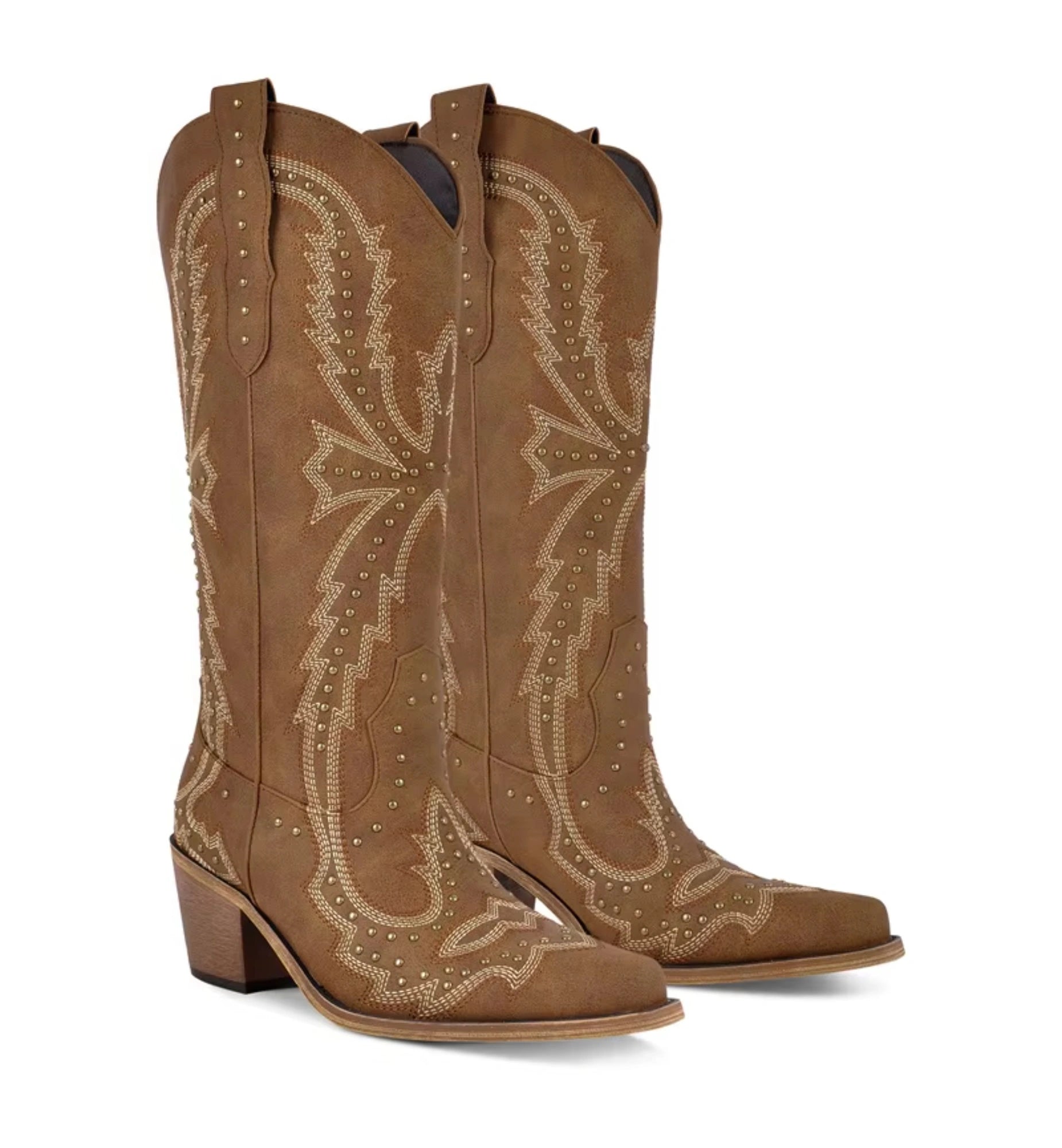 Pair of brown cowboy boots with intricate designs on a white background