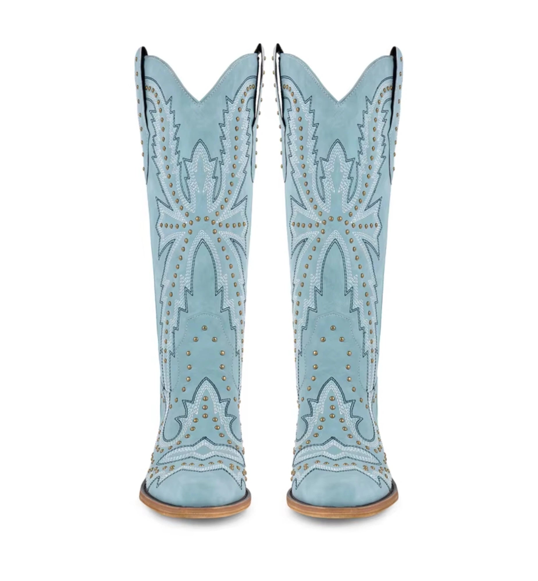 Light blue cowboy boots with studded details on a white background