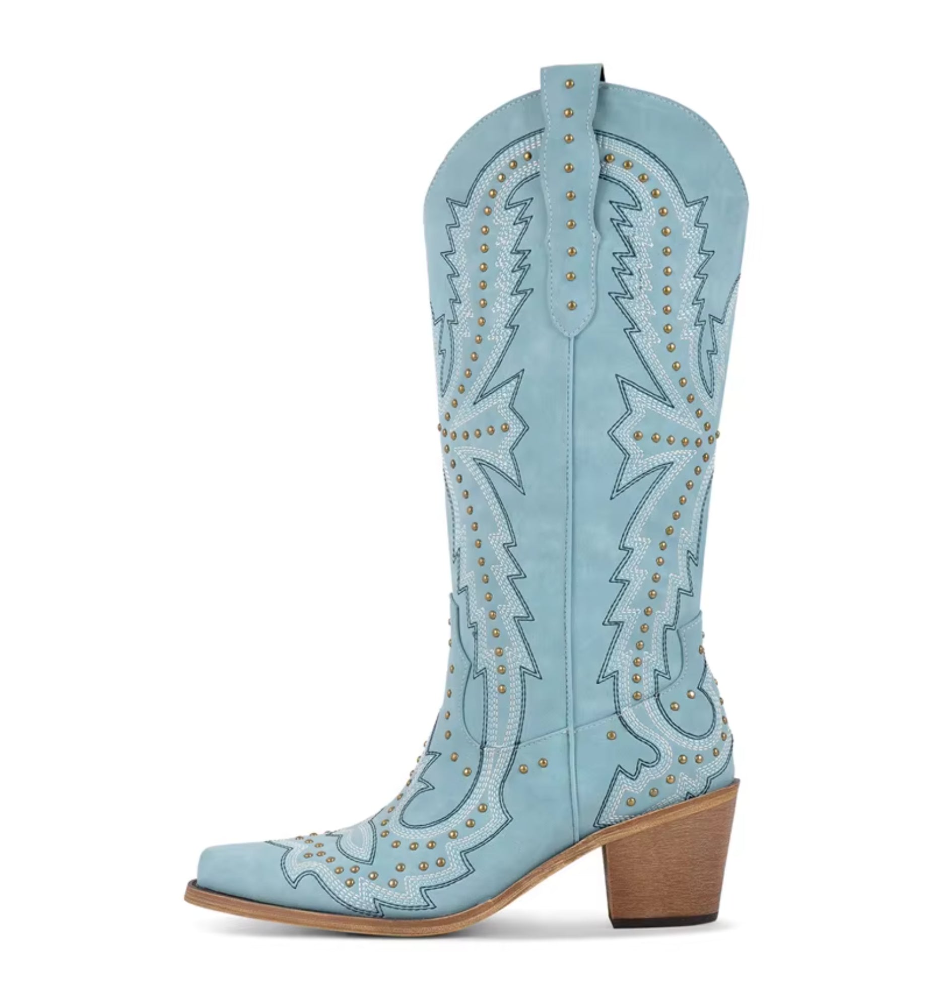 Light blue cowboy boot with brown heel on a white background