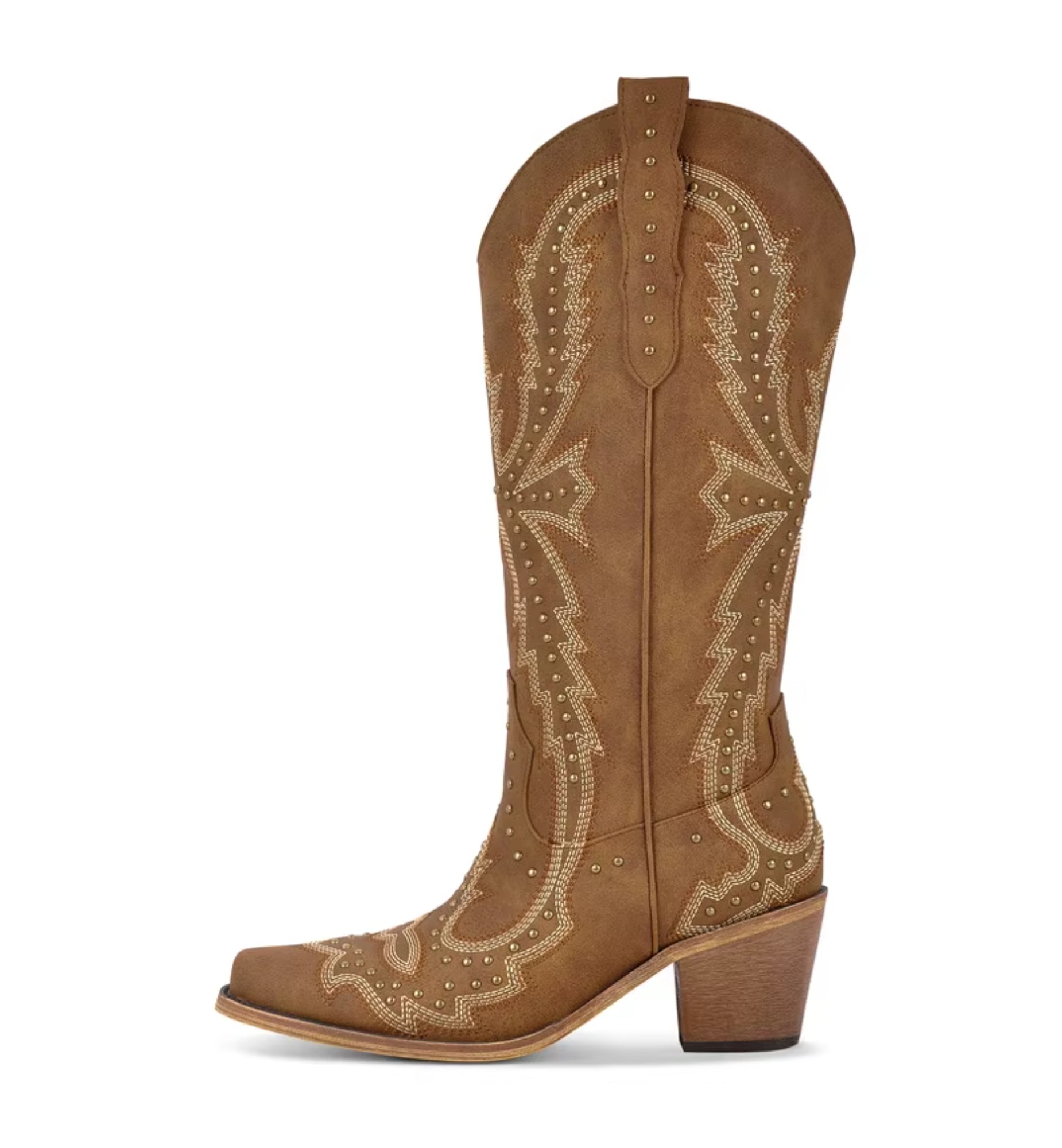 Brown cowboy boot with intricate white embroidery on a white background