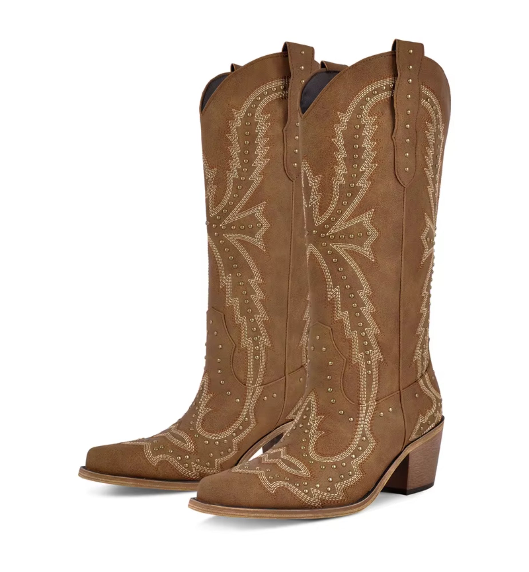 Pair of brown cowboy boots with intricate white embroidery on a white background