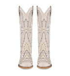 White cowboy boots with star designs and brown soles on a white background