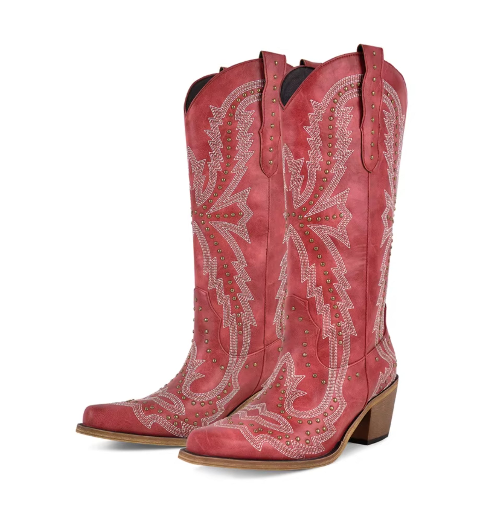 Red cowboy boots with white embroidery on a white background