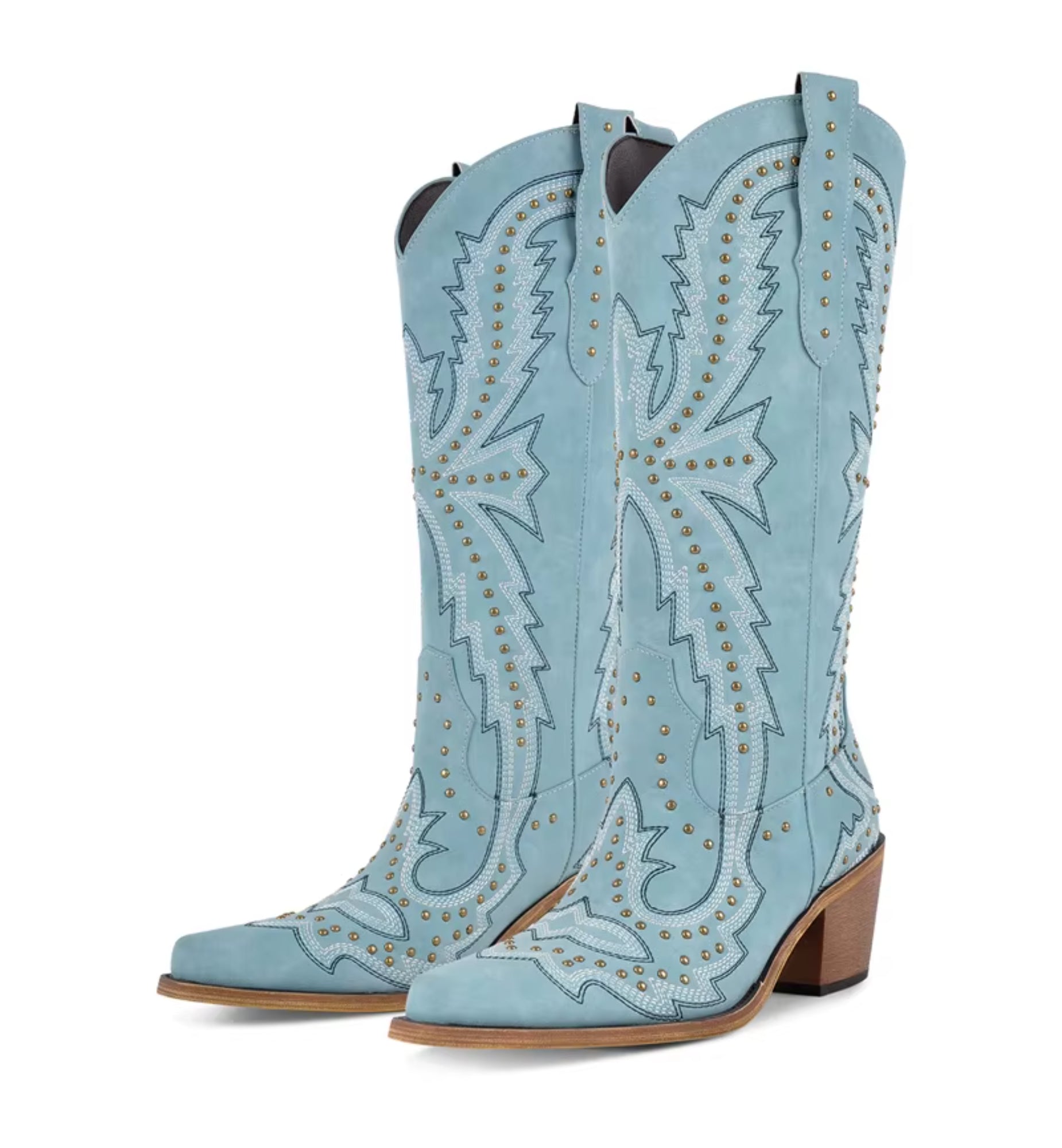 Light blue cowboy boots with intricate designs on a white background
