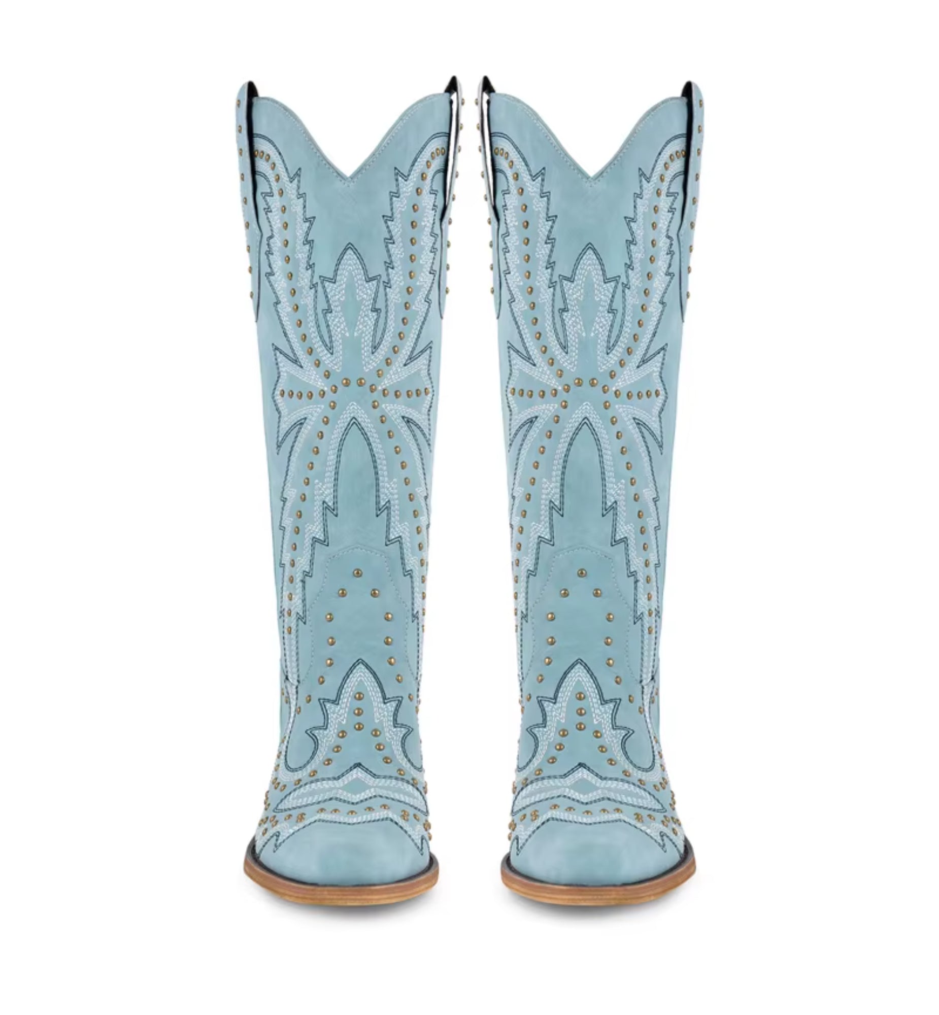 Pair of light blue cowboy boots with decorative patterns on a white background