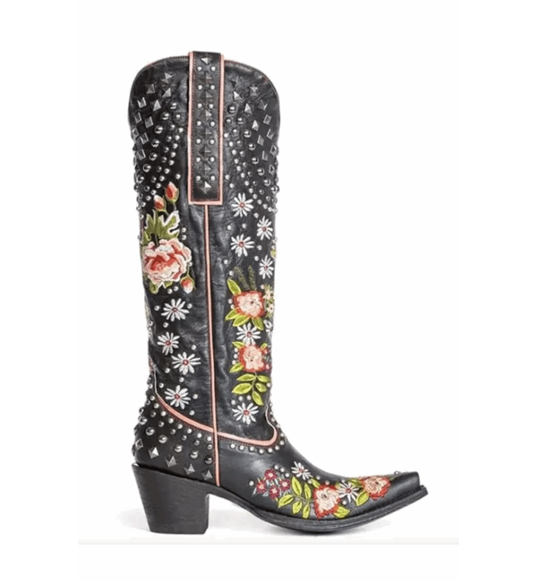 Black cowboy boot with floral embroidery and rhinestones on a white background
