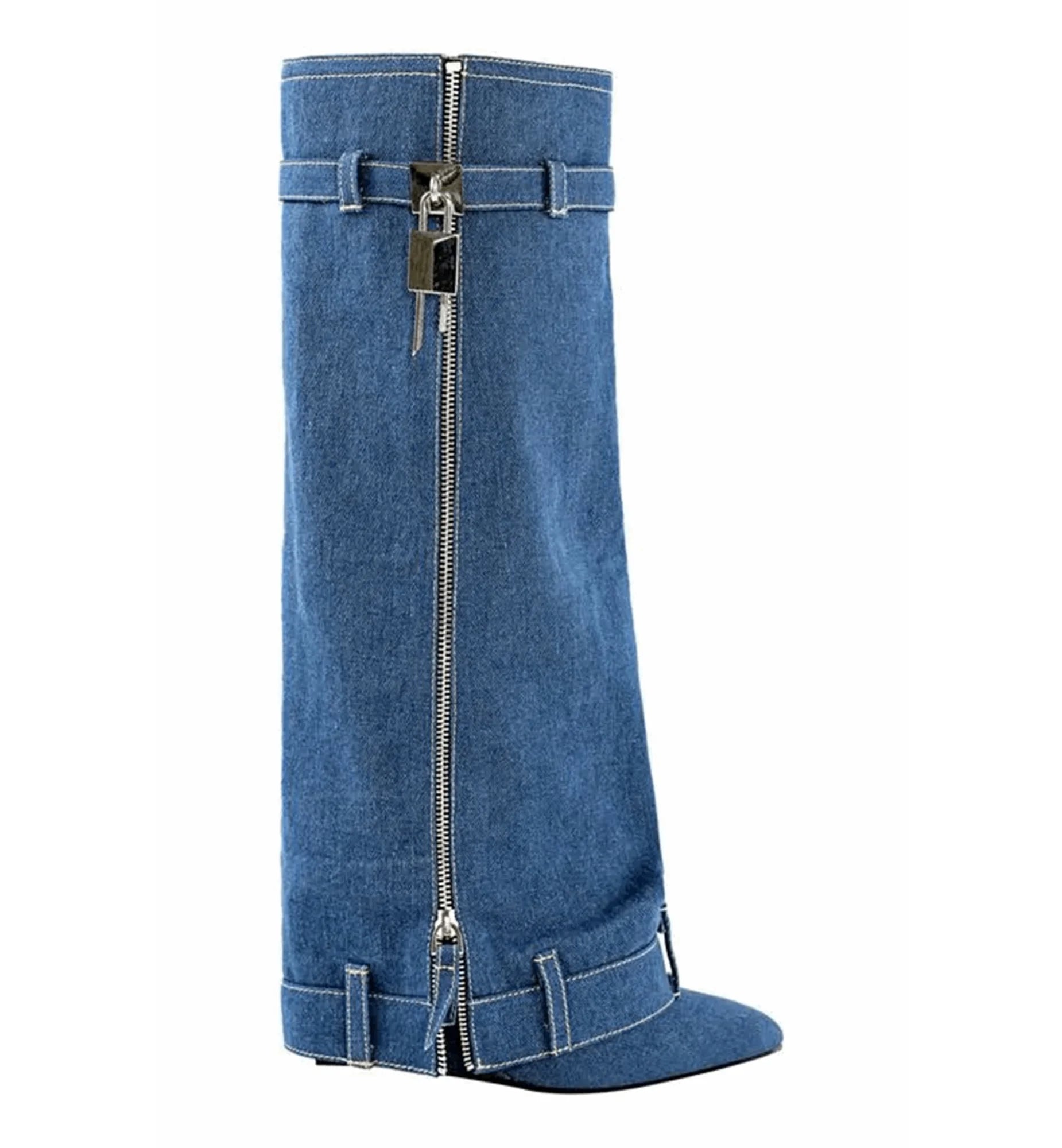 Blue denim gaiter with a zipper on a white background