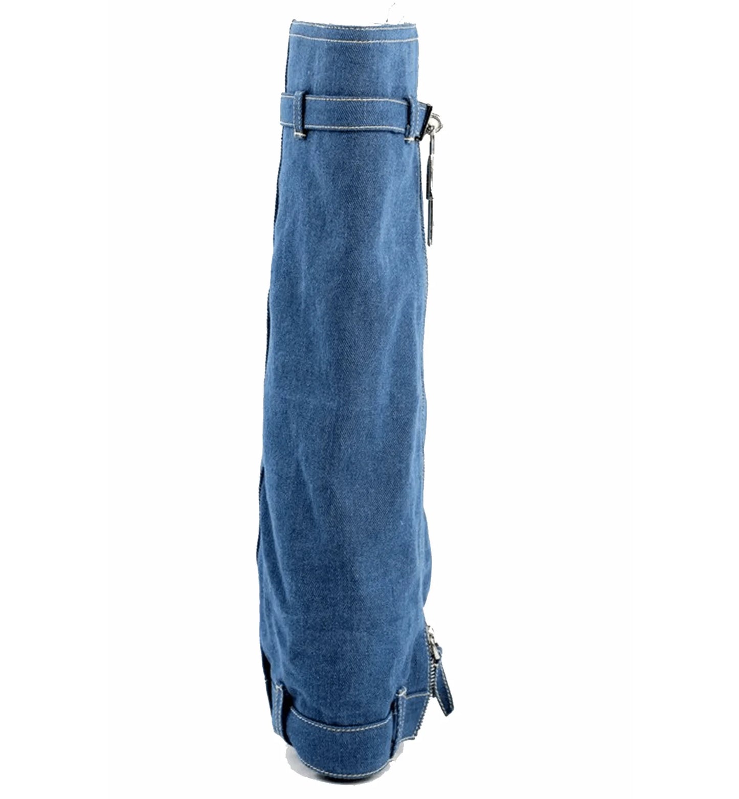 Blue denim bag with zippers on a white background