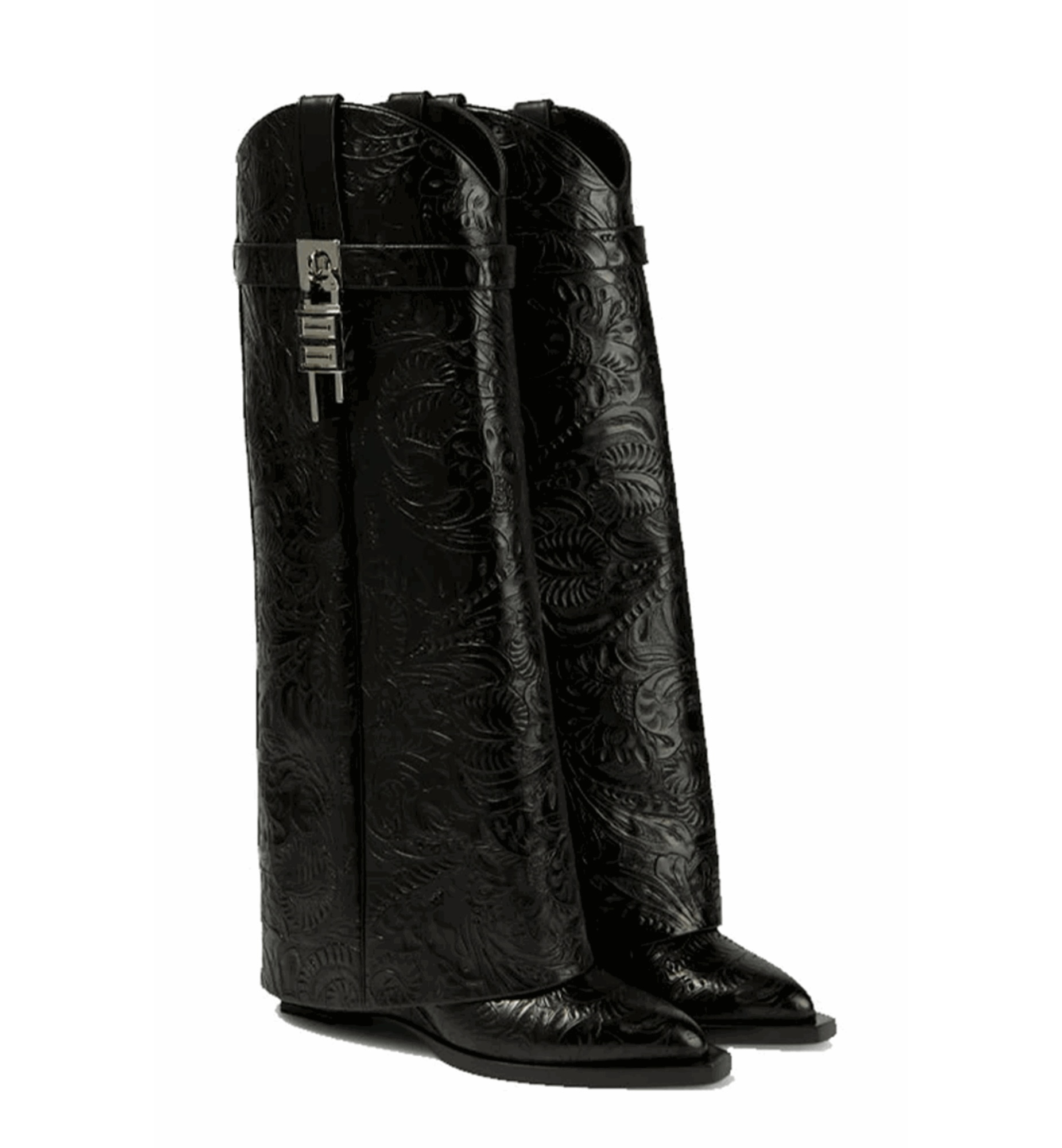 Pair of black leather boots with intricate embossed design on a white background