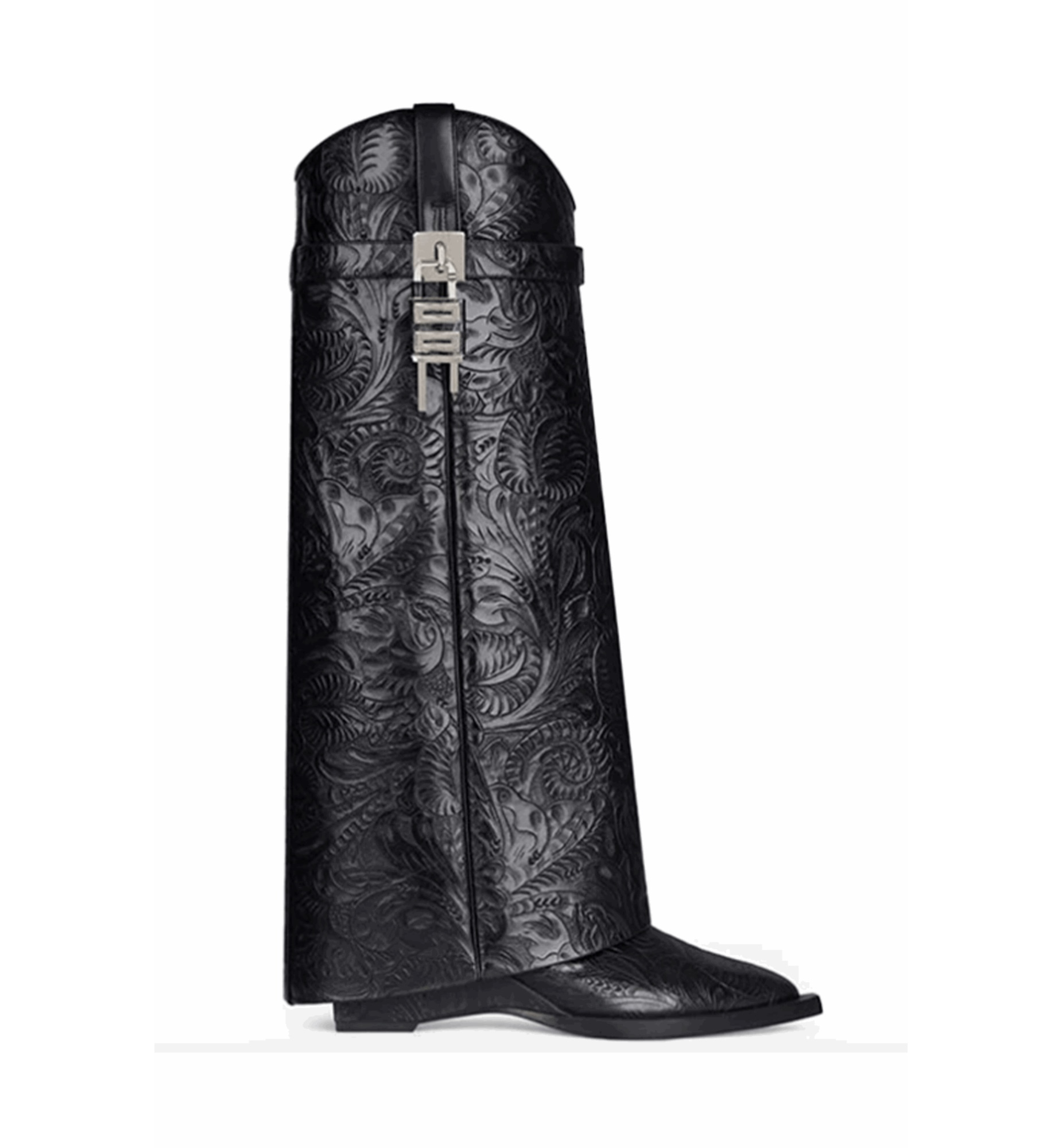Black embroidered boot on a white background