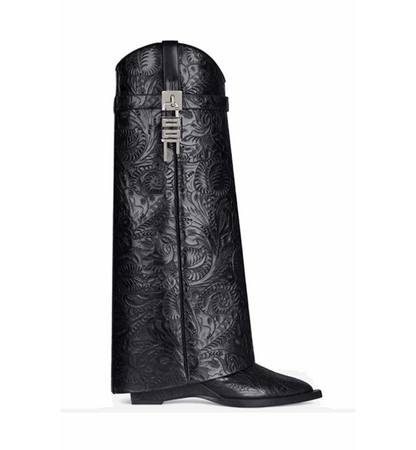 Black embroidered boot on a white background