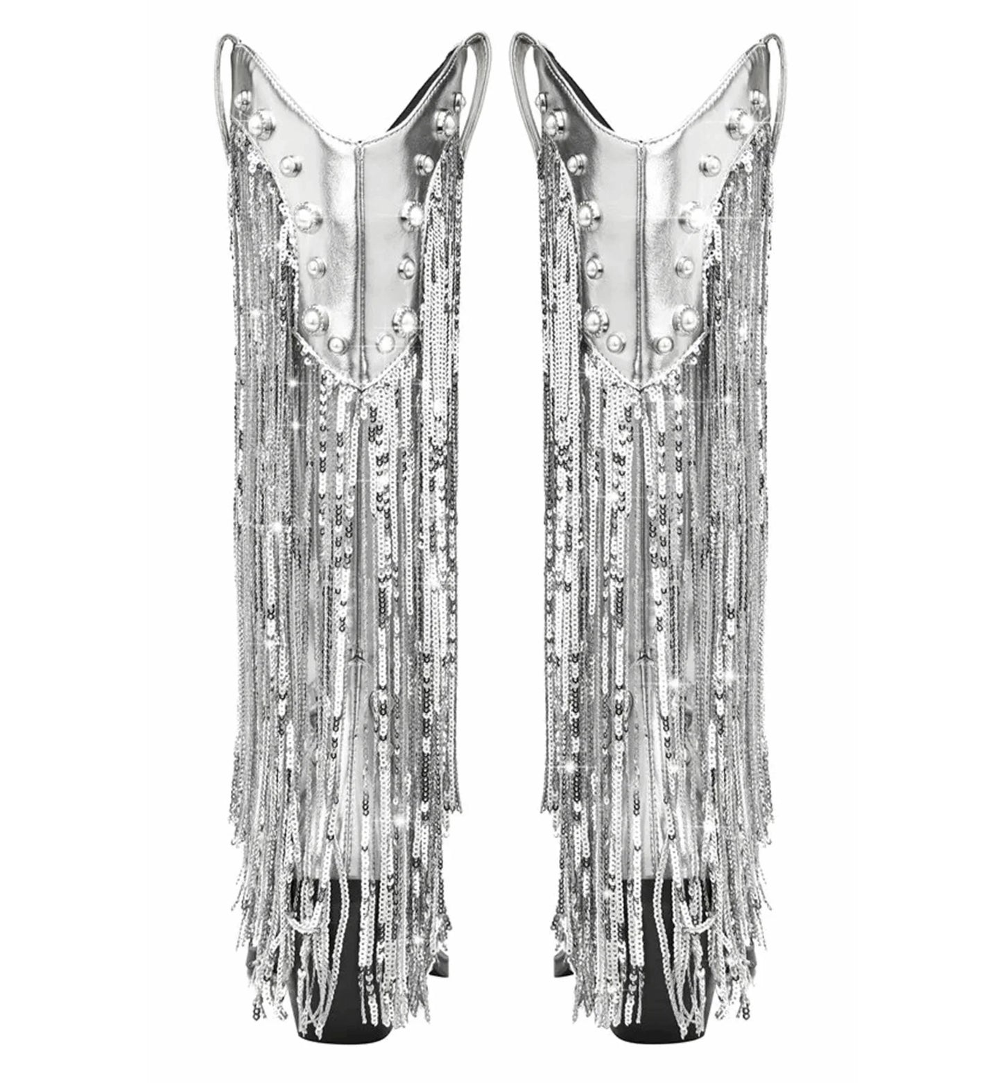 Two silver fringe dresses with sequins on a white background