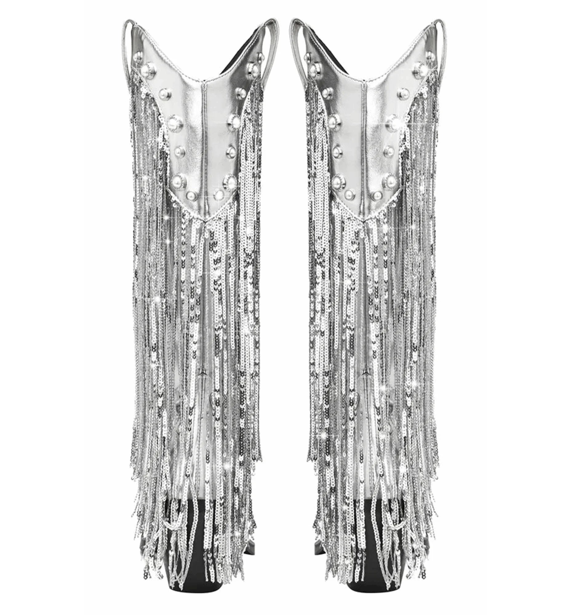 Two silver fringe dresses with sequins on a white background