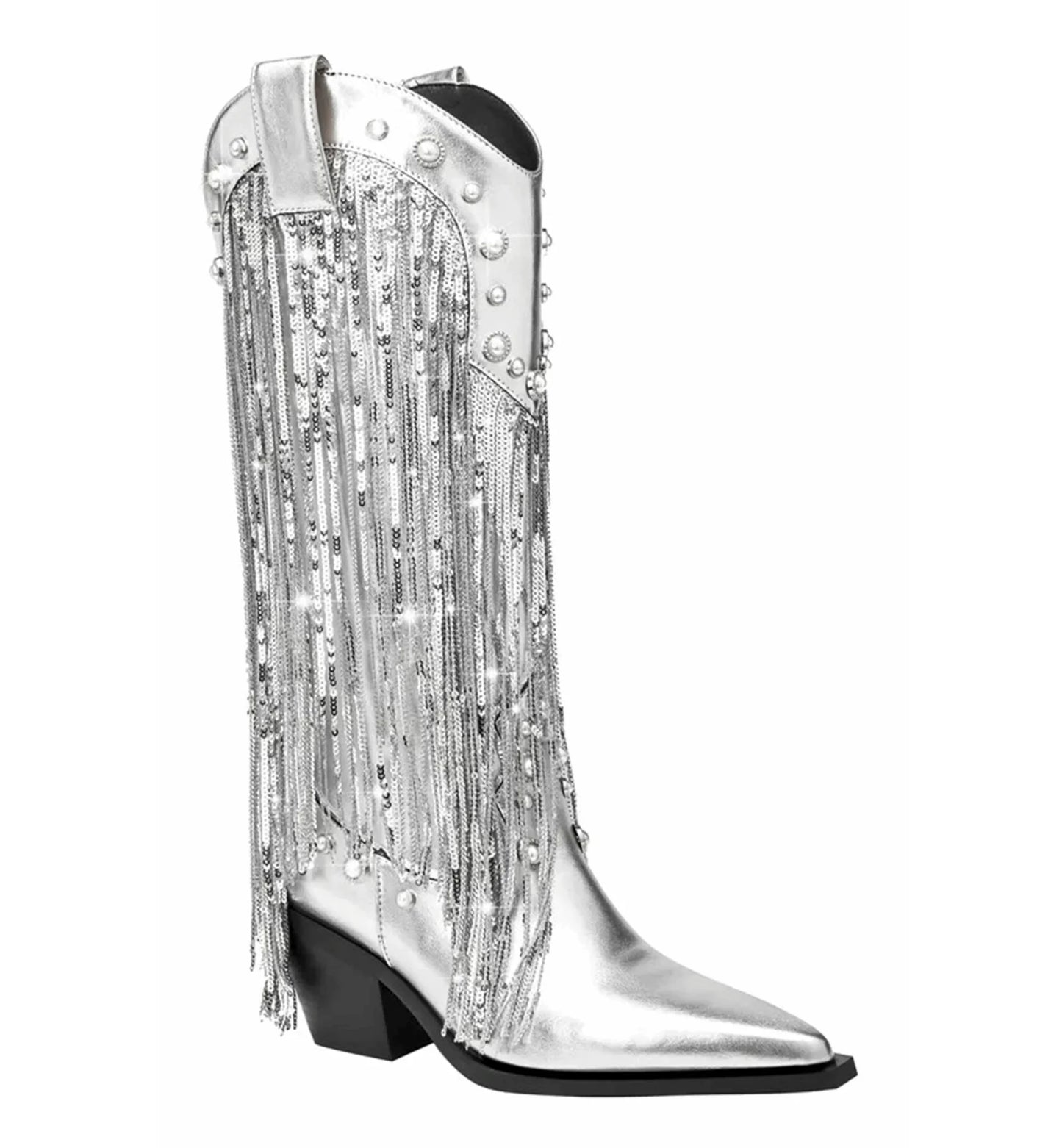 Silver fringe boot on a white background