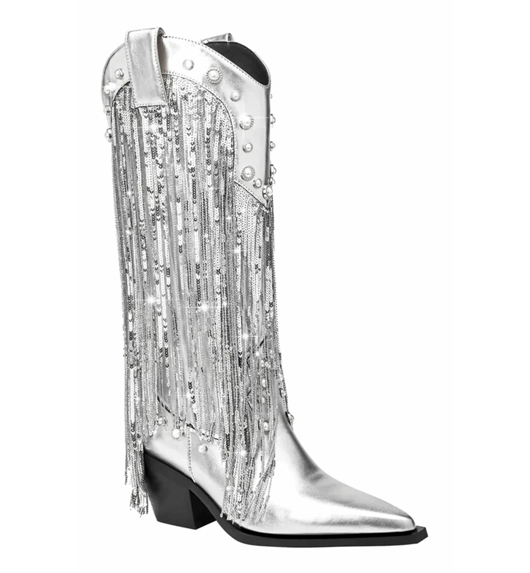Silver fringe boot on a white background