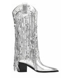 Silver fringe boot with a black heel on a white background