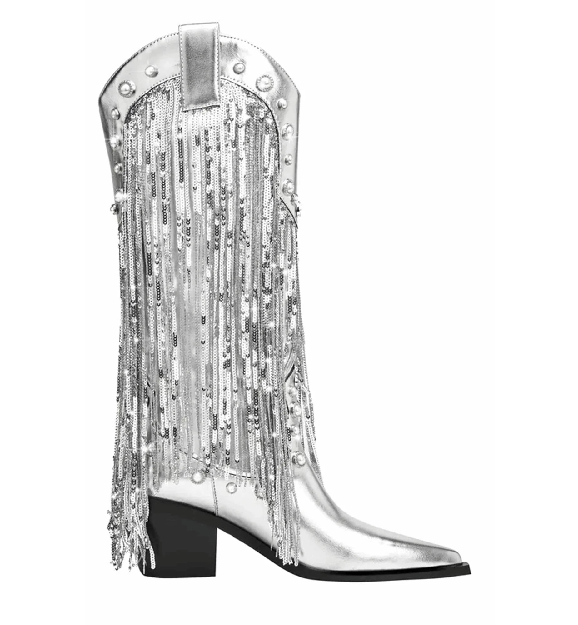 Silver fringe boot with a black heel on a white background