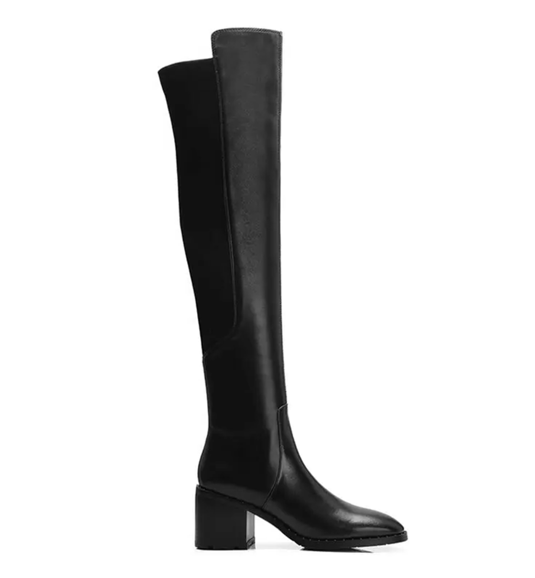 Black knee-high boots on a white background