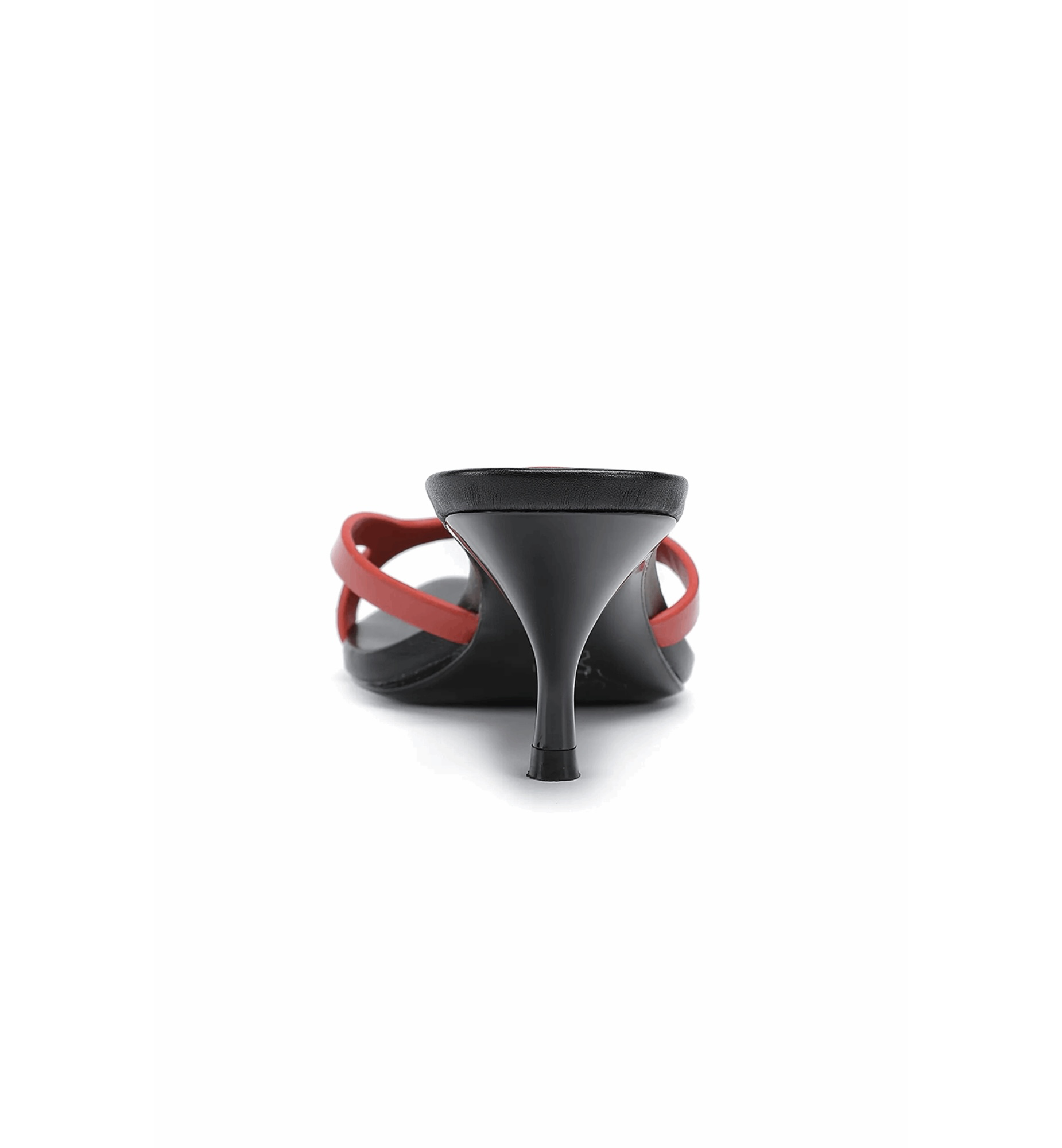 Black high-heeled sandal with red straps on a white background