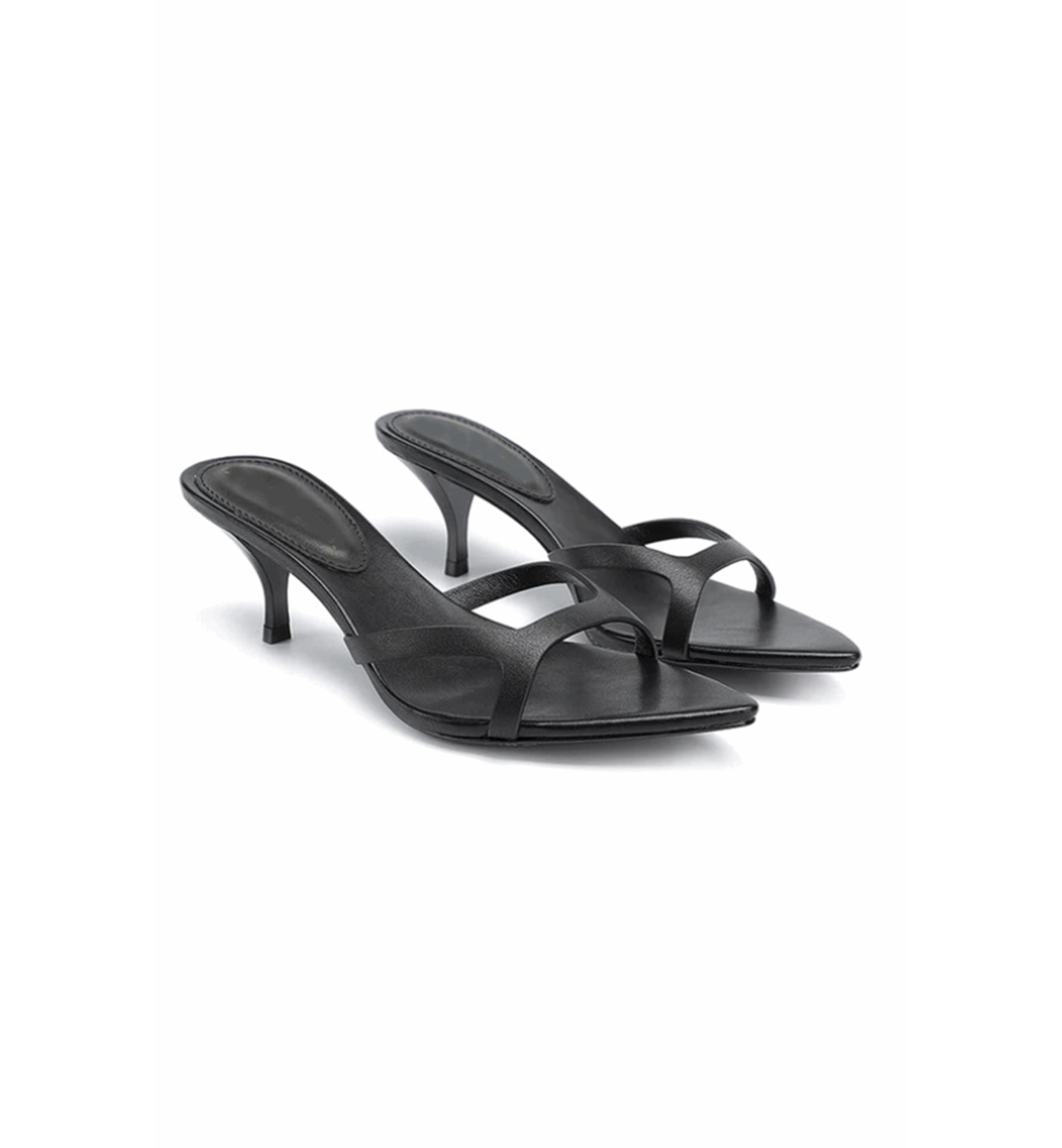 Black high-heeled sandals on a white background