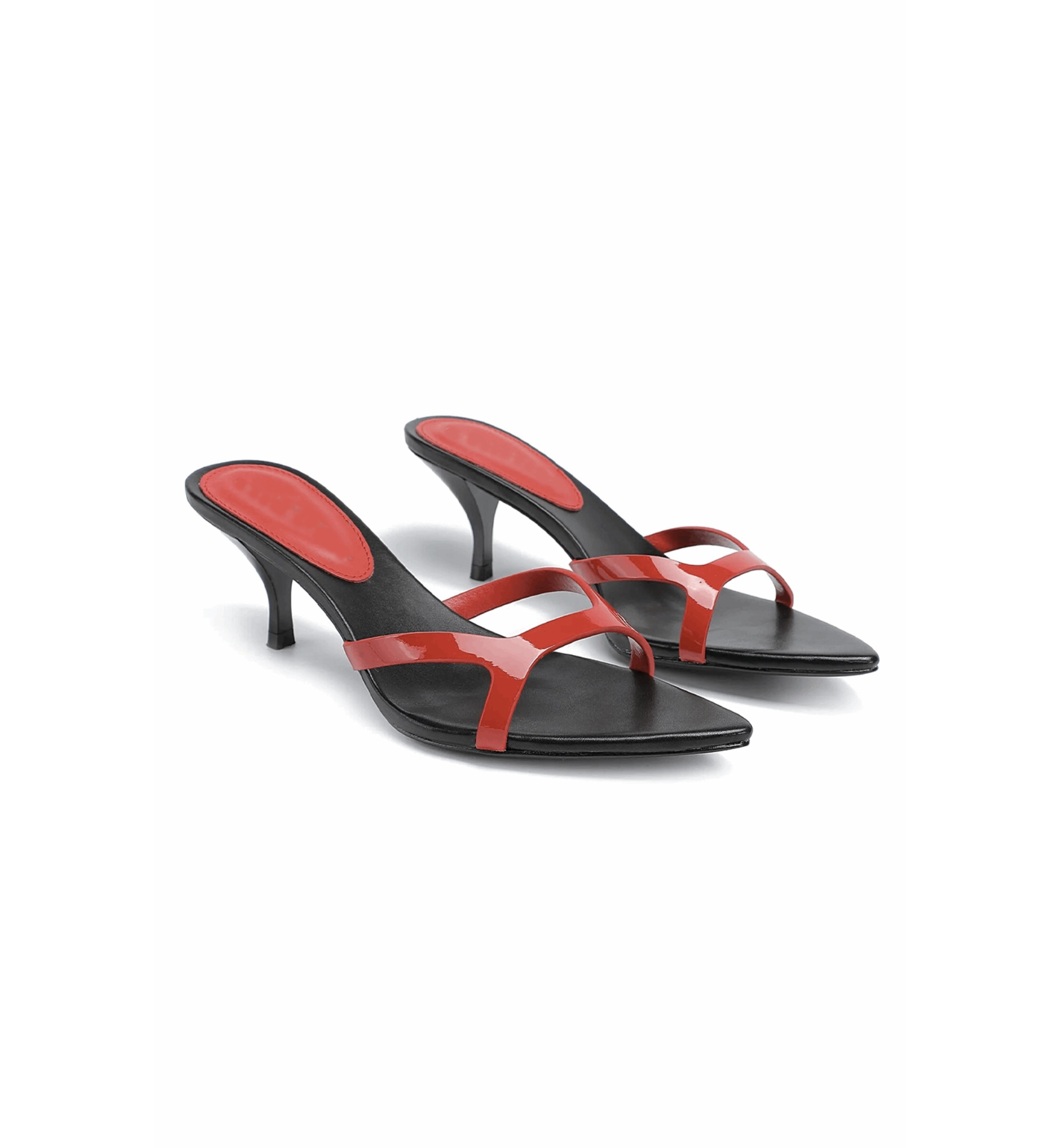 Black high-heeled sandals with red straps on a white background
