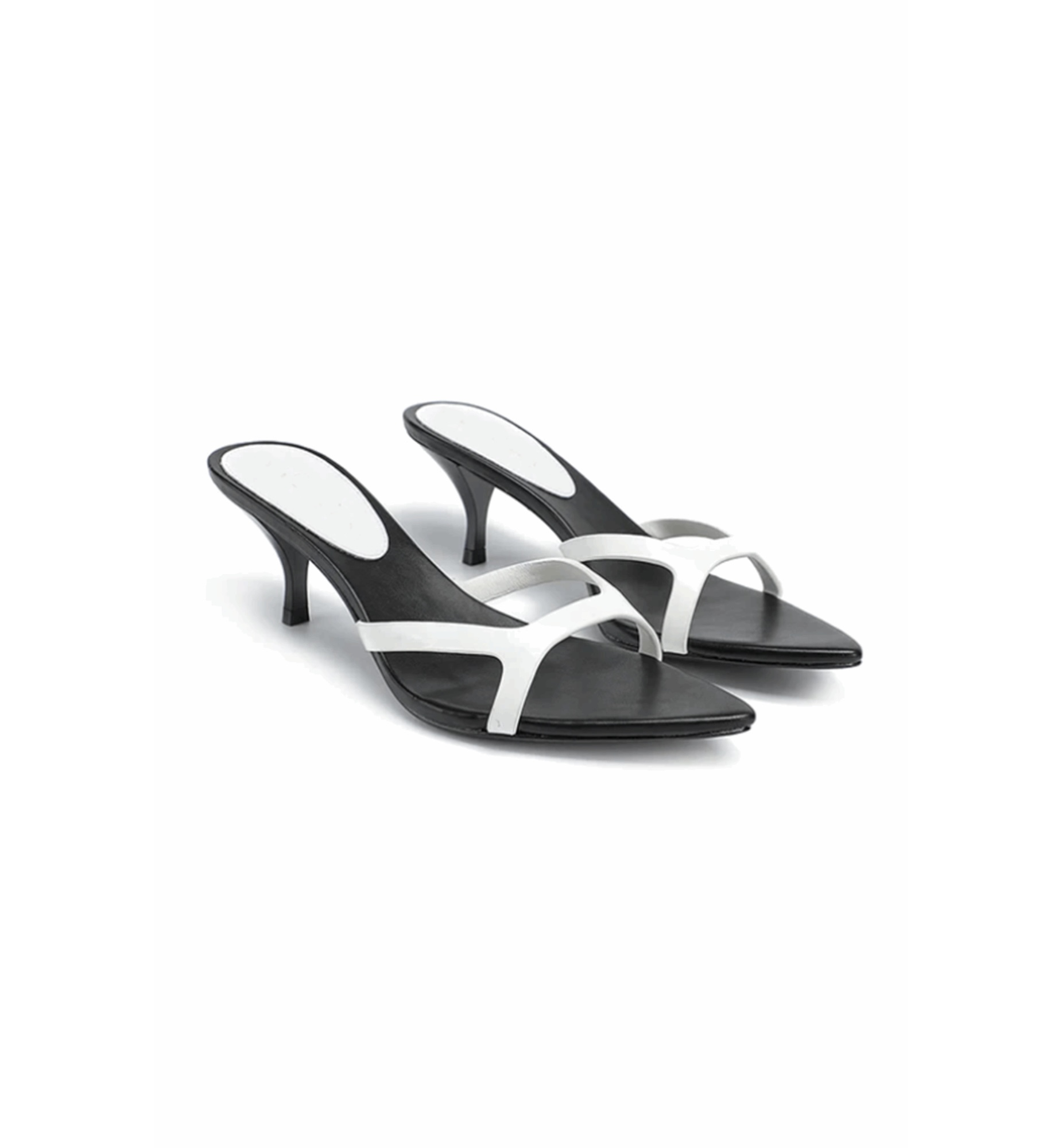 Black and white high-heeled sandals on a white background