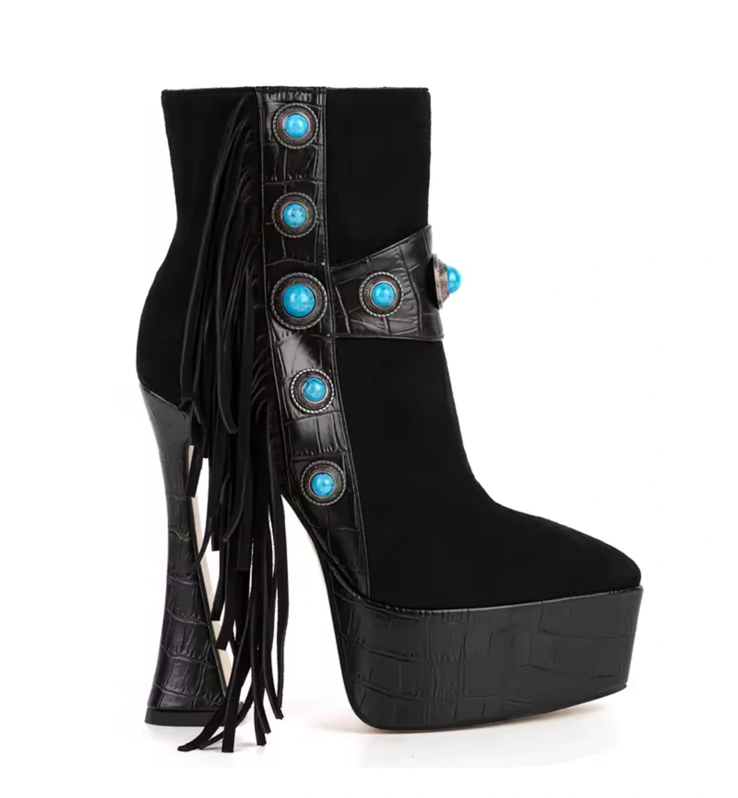 Black high-heeled platform boots with fringe and turquoise embellishments on a white background