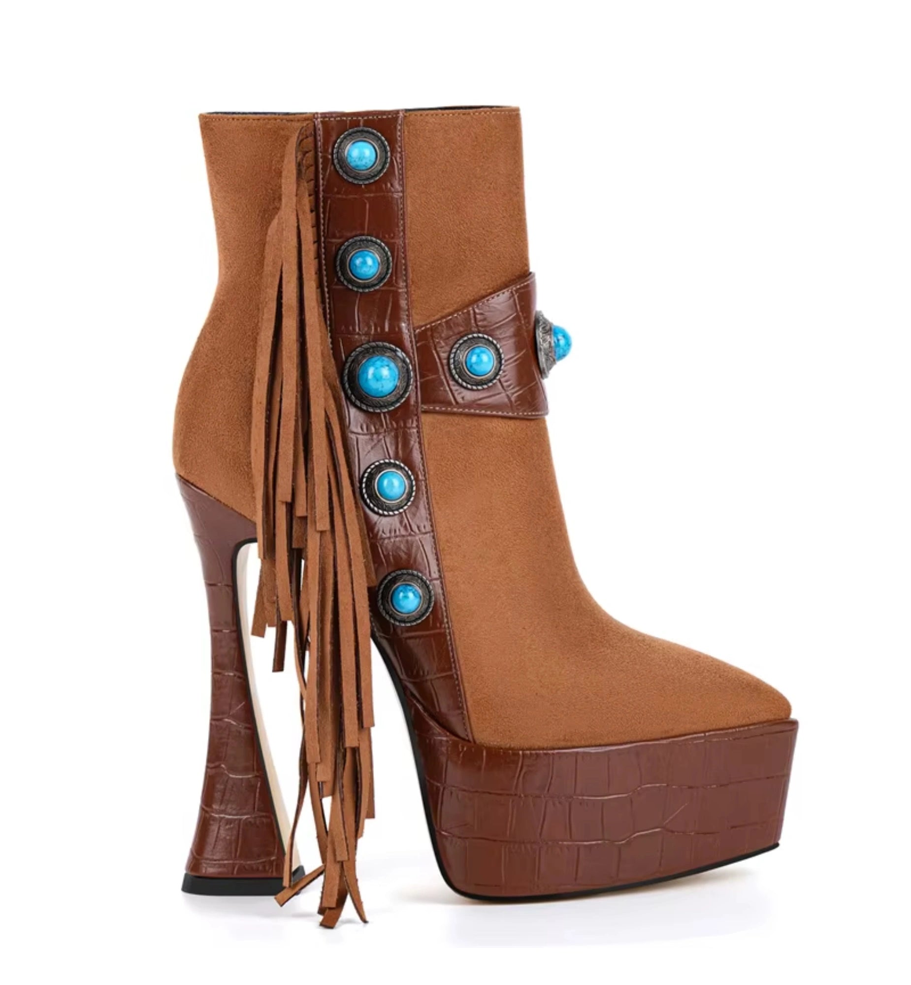 Brown platform boot with fringes and blue embellishments on a white background