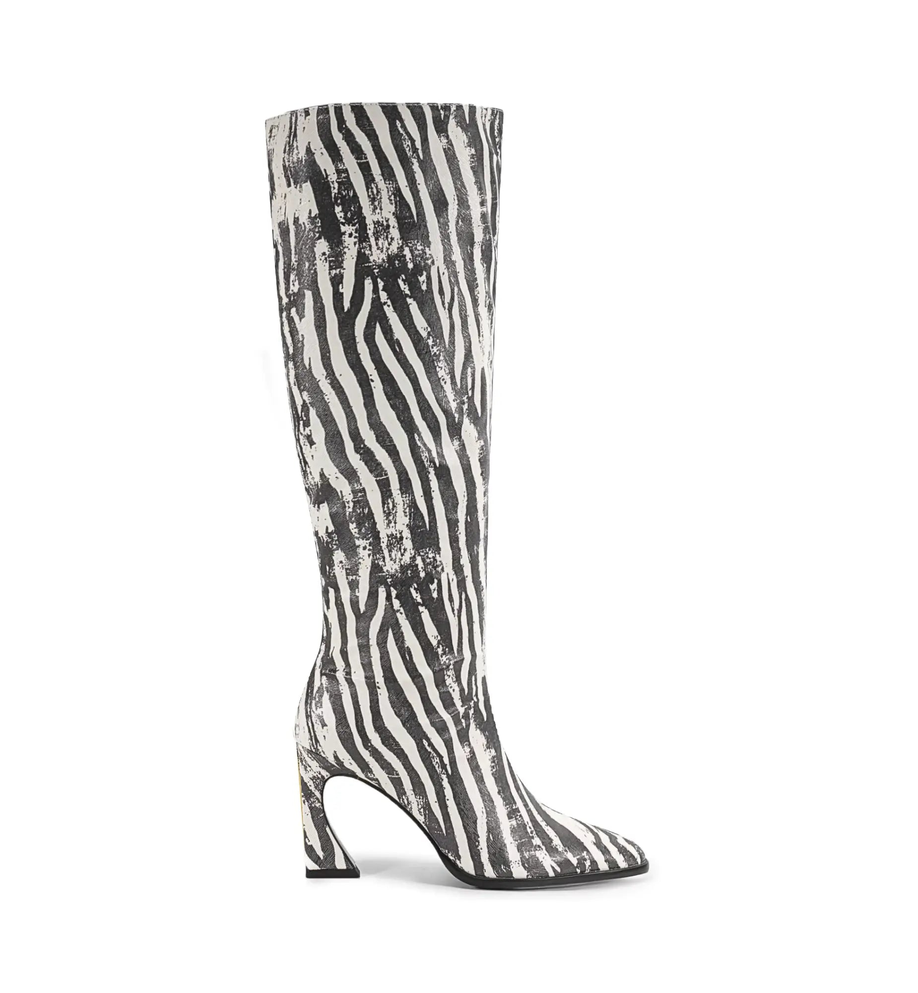 Zebra-striped knee-high boot on a white background